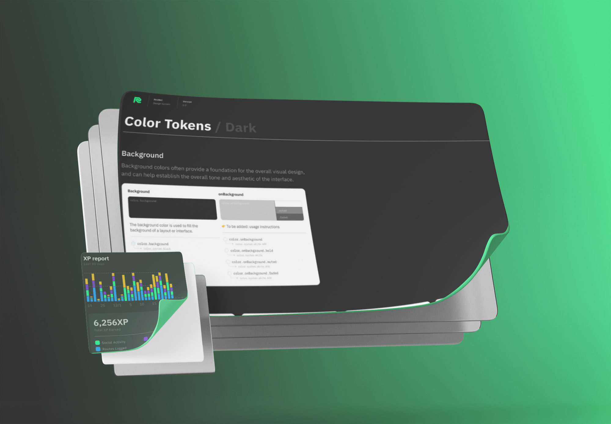 ResNet Design System color tokens dark theme documentation showing background and onBackground token hierarchy with usage instructions